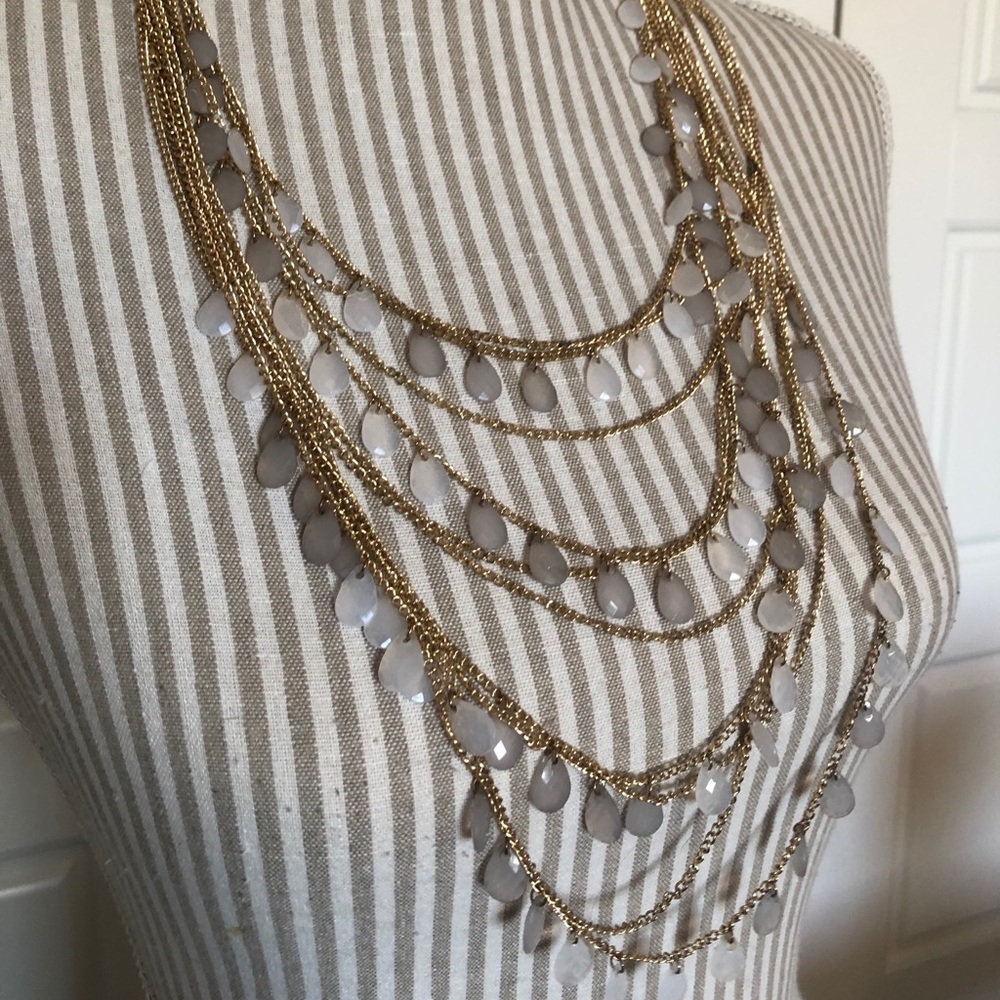 Multi-tiered gold chains necklace w/ Grey Stones